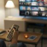 Young woman watching video on demand on her TV